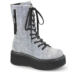 Demonic silver rhinestone combat boots - 9